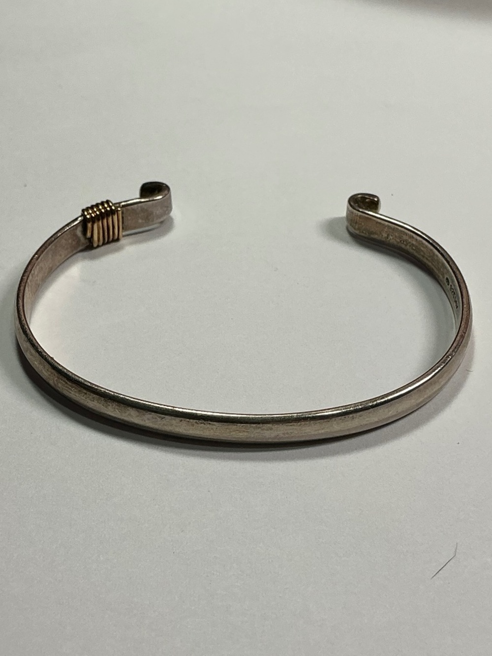 Sterling Silver With 14K Wire Wrap Double Hook Open Cuff Bracelet. 2.25” across